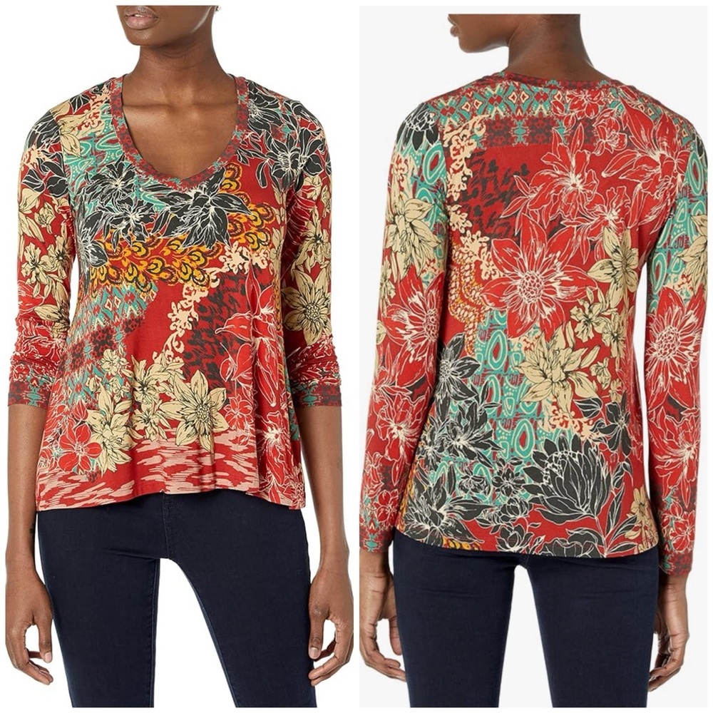 Johnny Was Top Womens XS Bamboo Floral Artsy Colorful Indie Statement Stretch